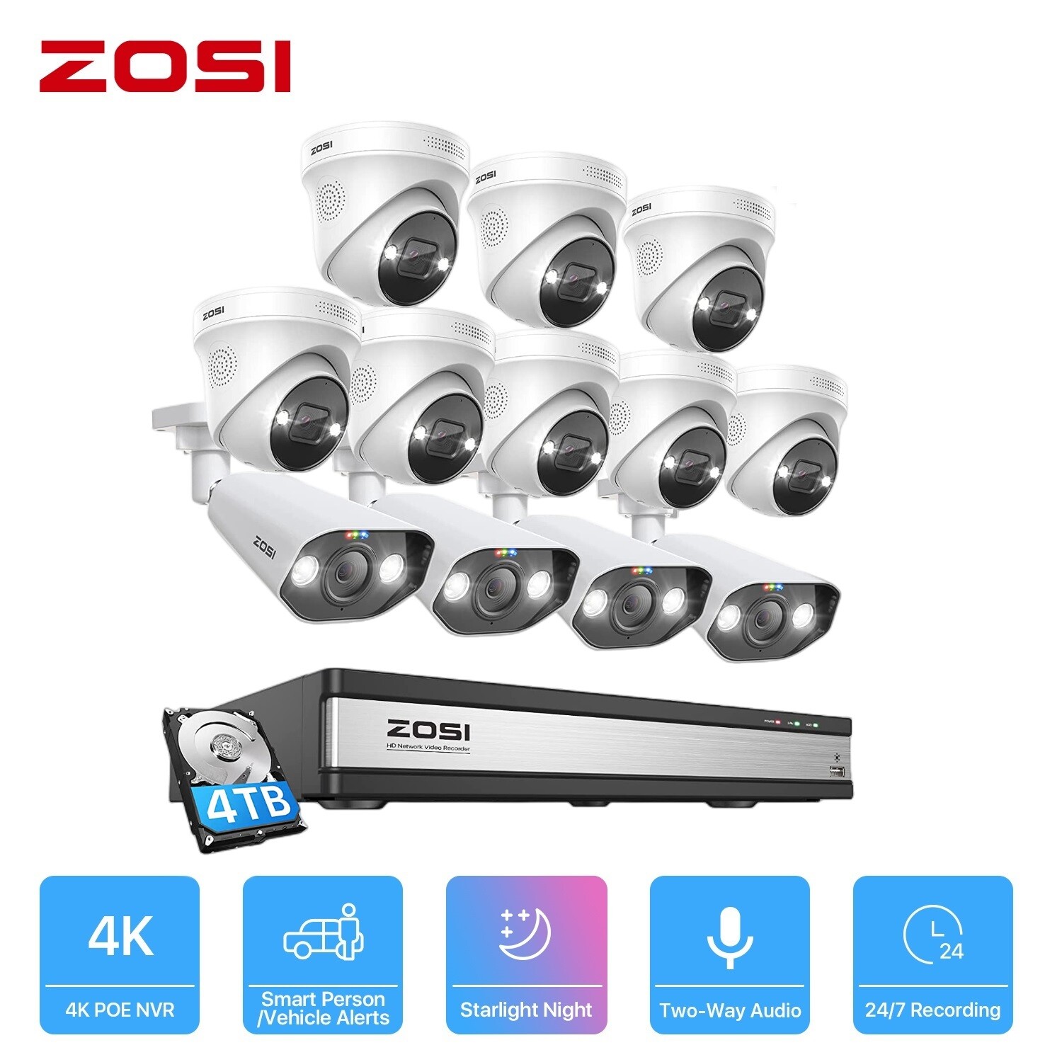 ZOSI 4K 16CH NVR 5MP/8MP IP Home POE Security Camera System AI Face Alerts Audio