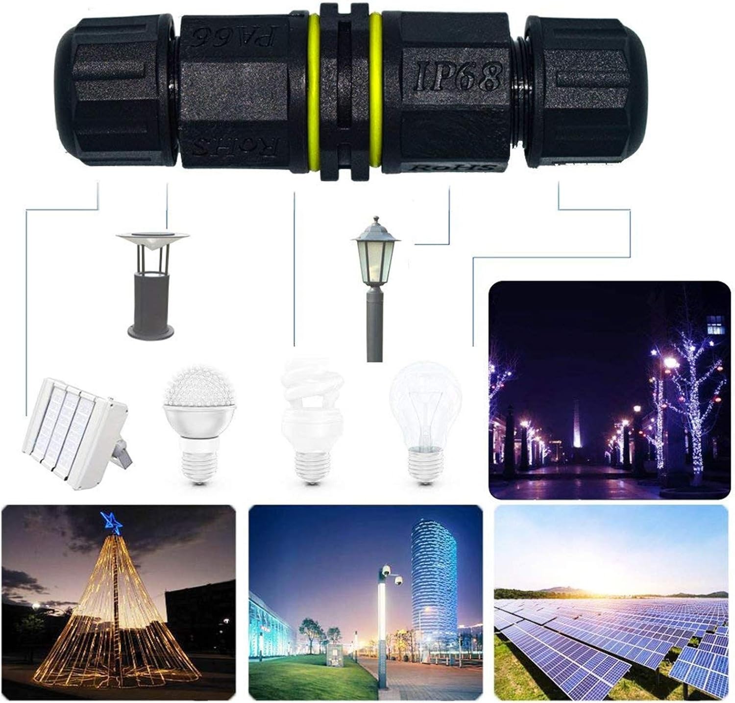 Junction Box Outdoor Waterproof IP68 Electrical Cable Connector 2 Way black