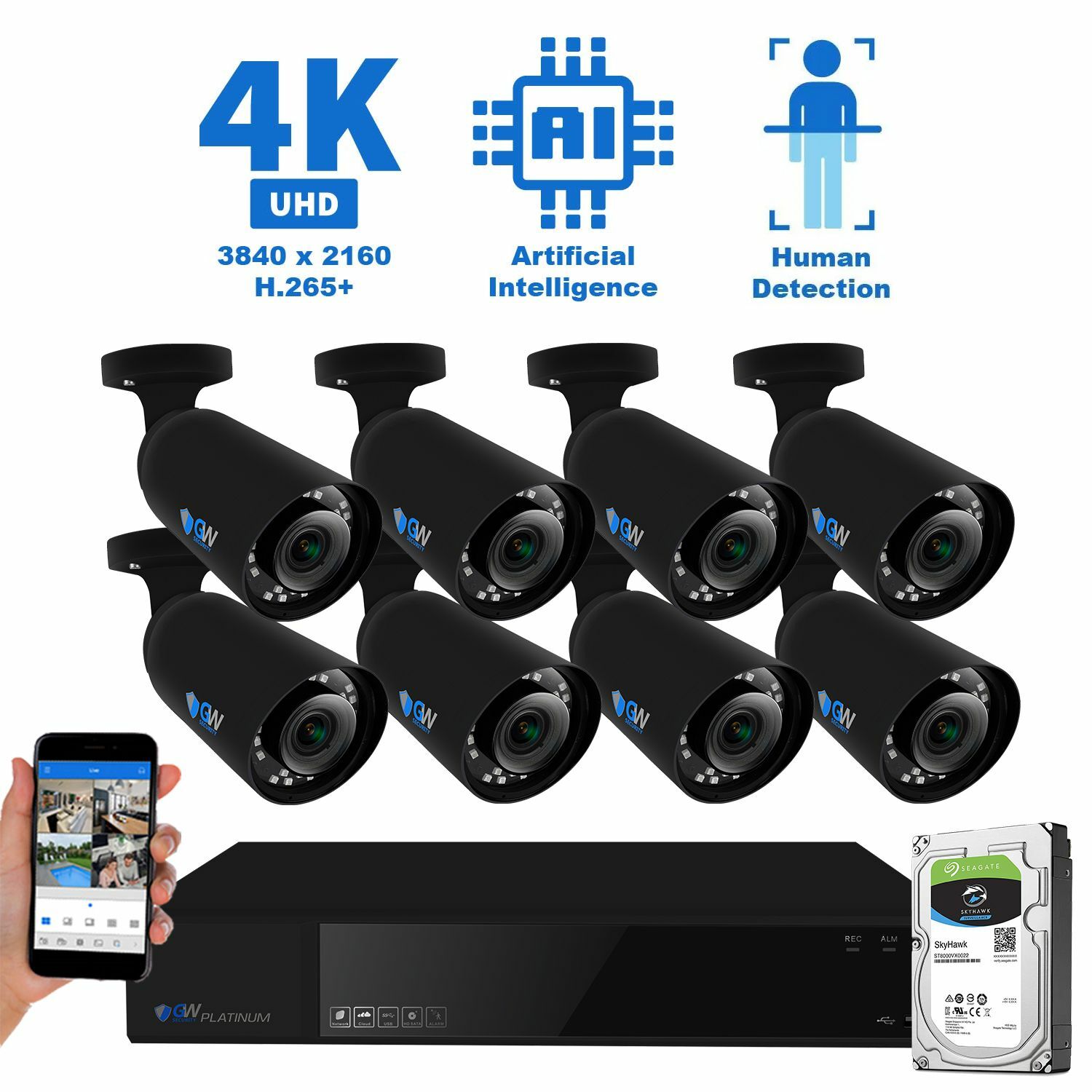 (8) 4K AI Smart Varifocal Cameras 8CH PoE NVR Color Night Vision Security System