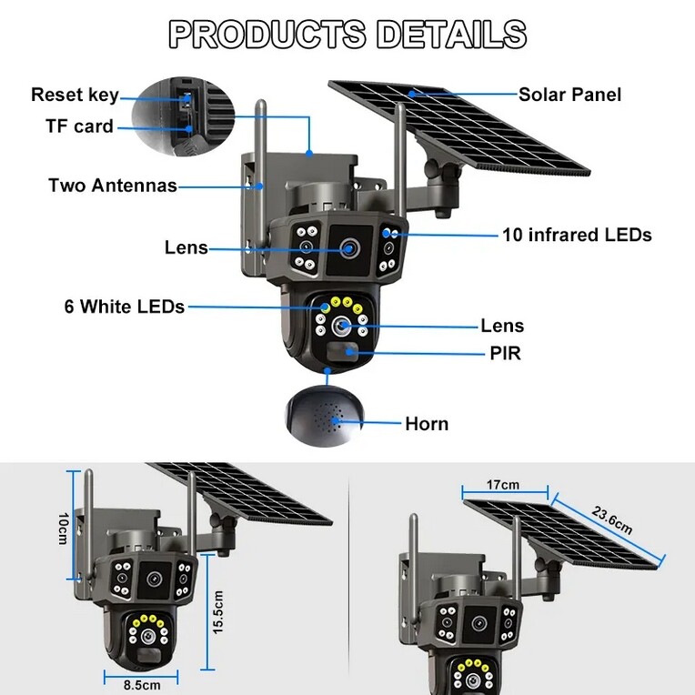 9MP4K Dual Screen Solar Camera Outdoor Wireless WiFi PTZ Dual Lens Security