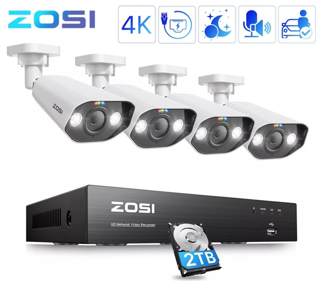ZOSI 8CH 4K NVR 8MP POE Security IP Camera System Color NightVision IP66 2TB HDD