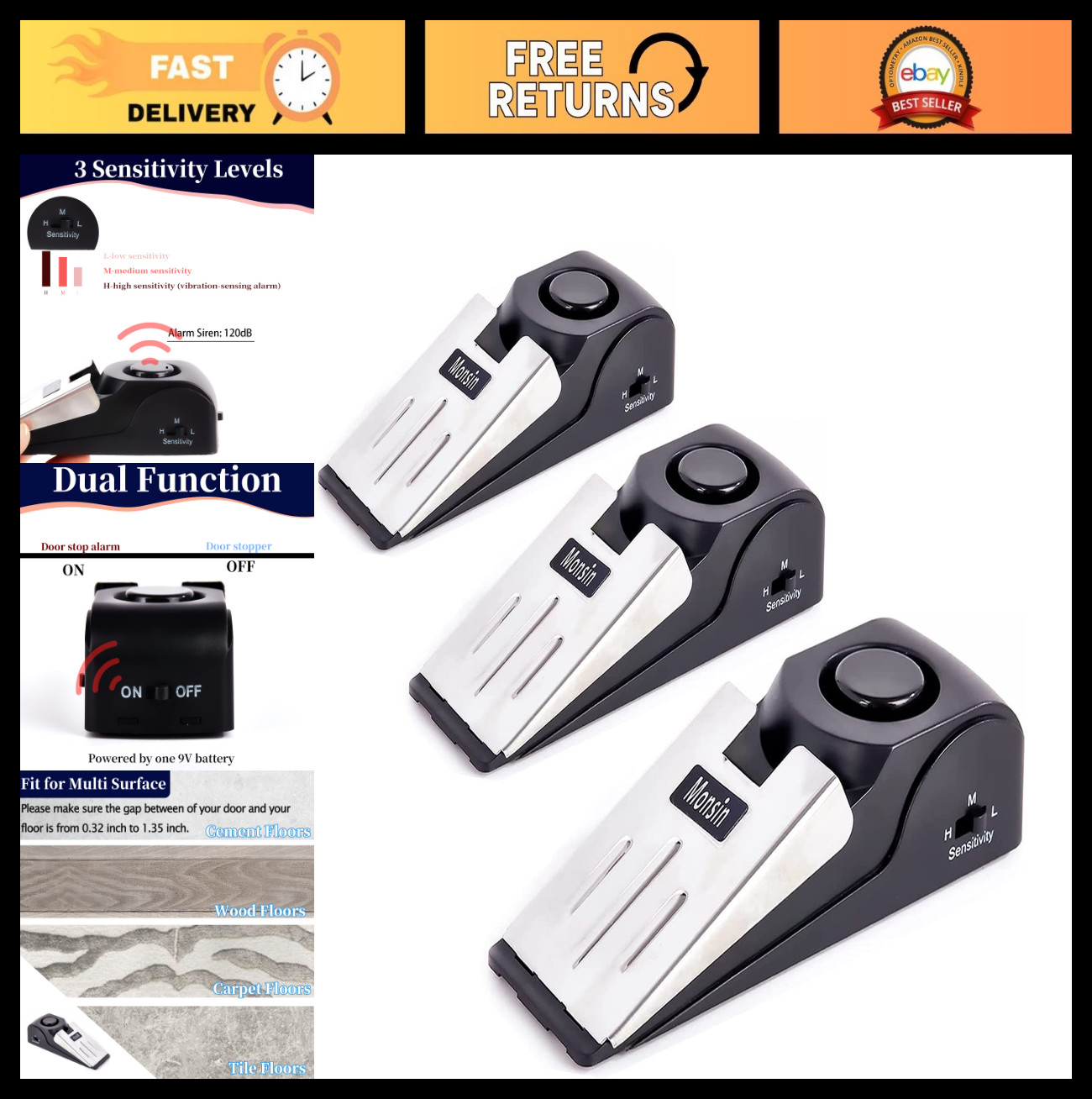 120DB Door Stop Alarm – Security Floor Wedge Stopper for Home & Travel (3 Pack)