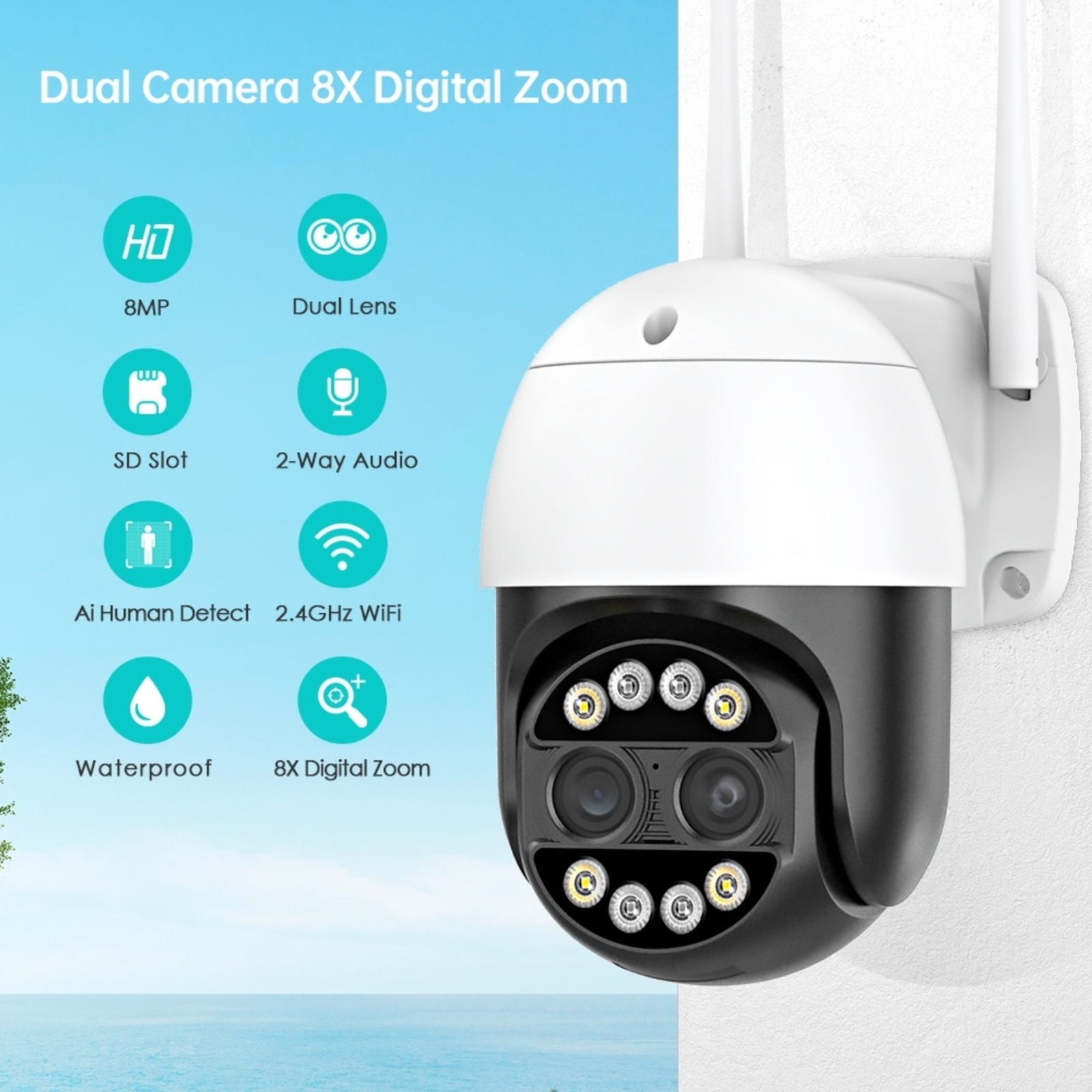 BESDER 8MP 4K 8x Hybrid Zoom 2.8+12mm Dual Lens PTZ IP Camera WiFi Human sensor