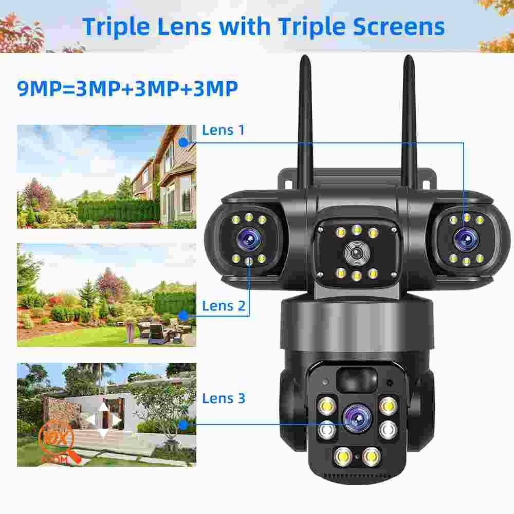 3 Lens HD 9MP WiFi Solar Camera Wireless Outdoor CCTV PTZ Home Security IR Cam