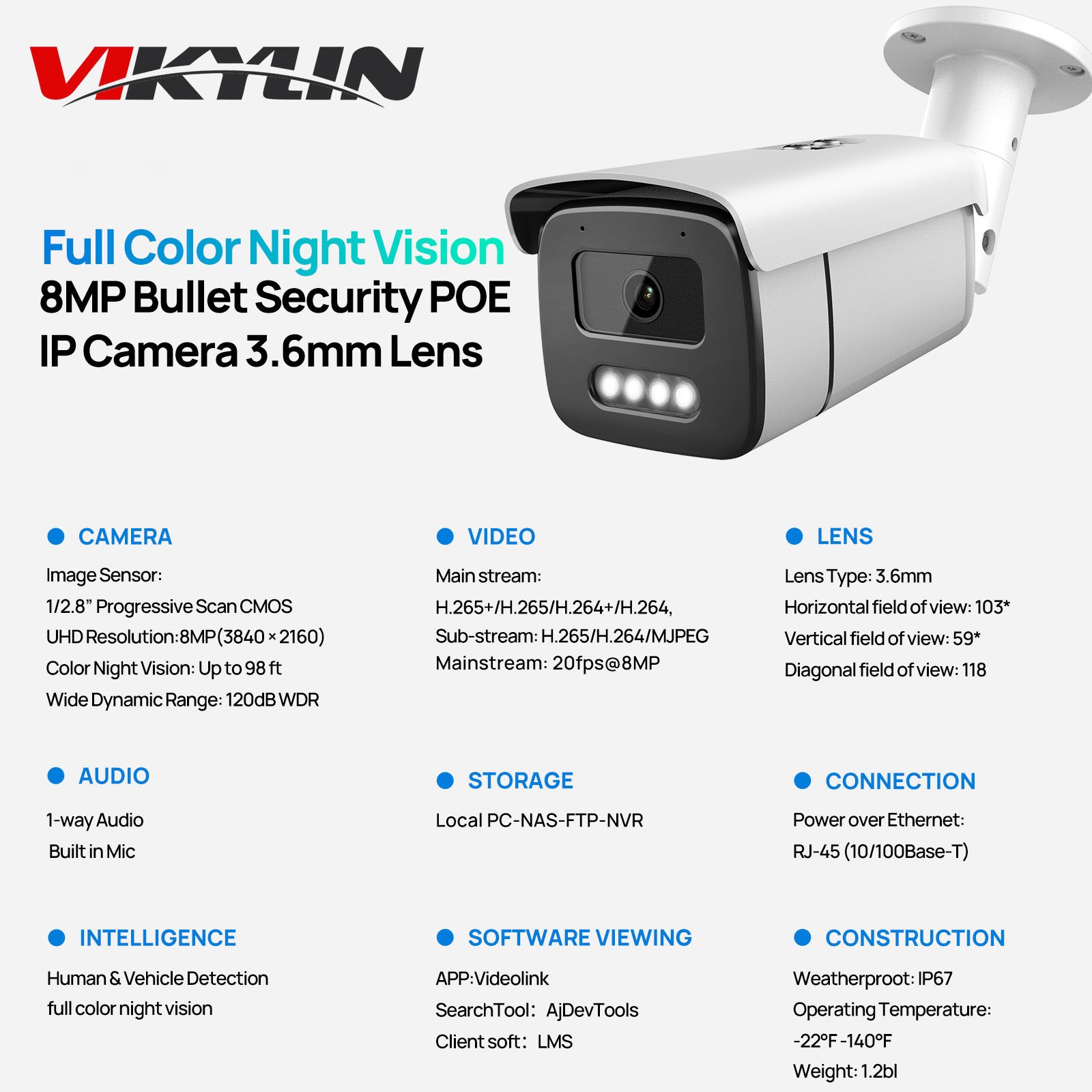 VIKYLIN 8CH 8POE NVR Systems Full Color Bullet 8MP 4K IP CAMERA MIC Outdoor Lot