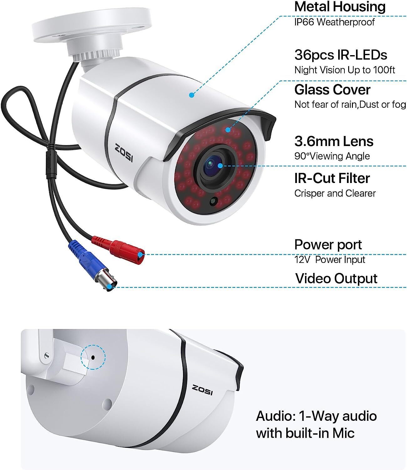 ZOSI 1080P HD TVI Security Bullet Surveillance Camera 24/7 View Weatherproof Mic