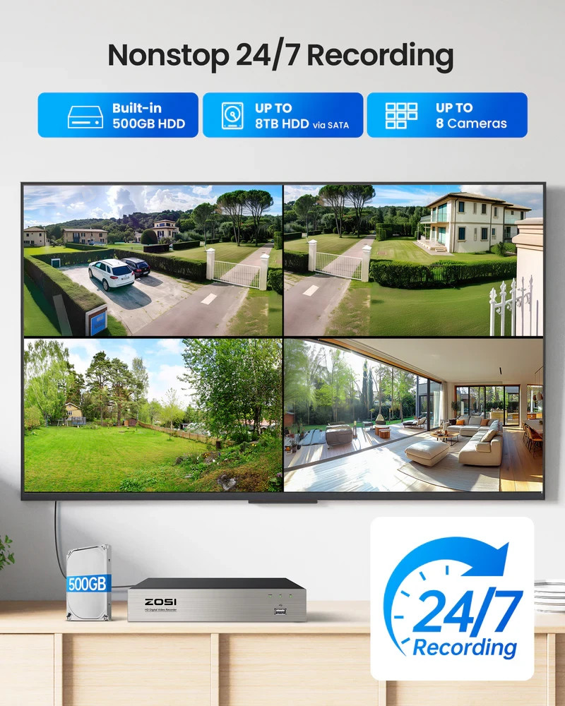 ZOSI 8-Channel DVR Security Camera System w/ 4X Pan/Tilt 360° Cameras & 500GB HD