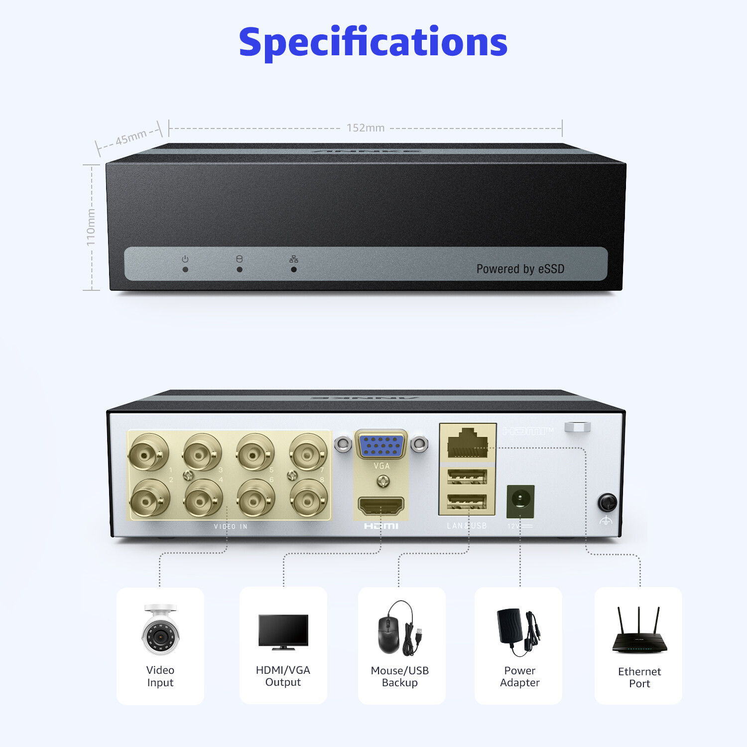 ANNKE 5MP Lite 8CH 5in1 DVR Video Security Recorder Build in 480G eSSD AI Detect