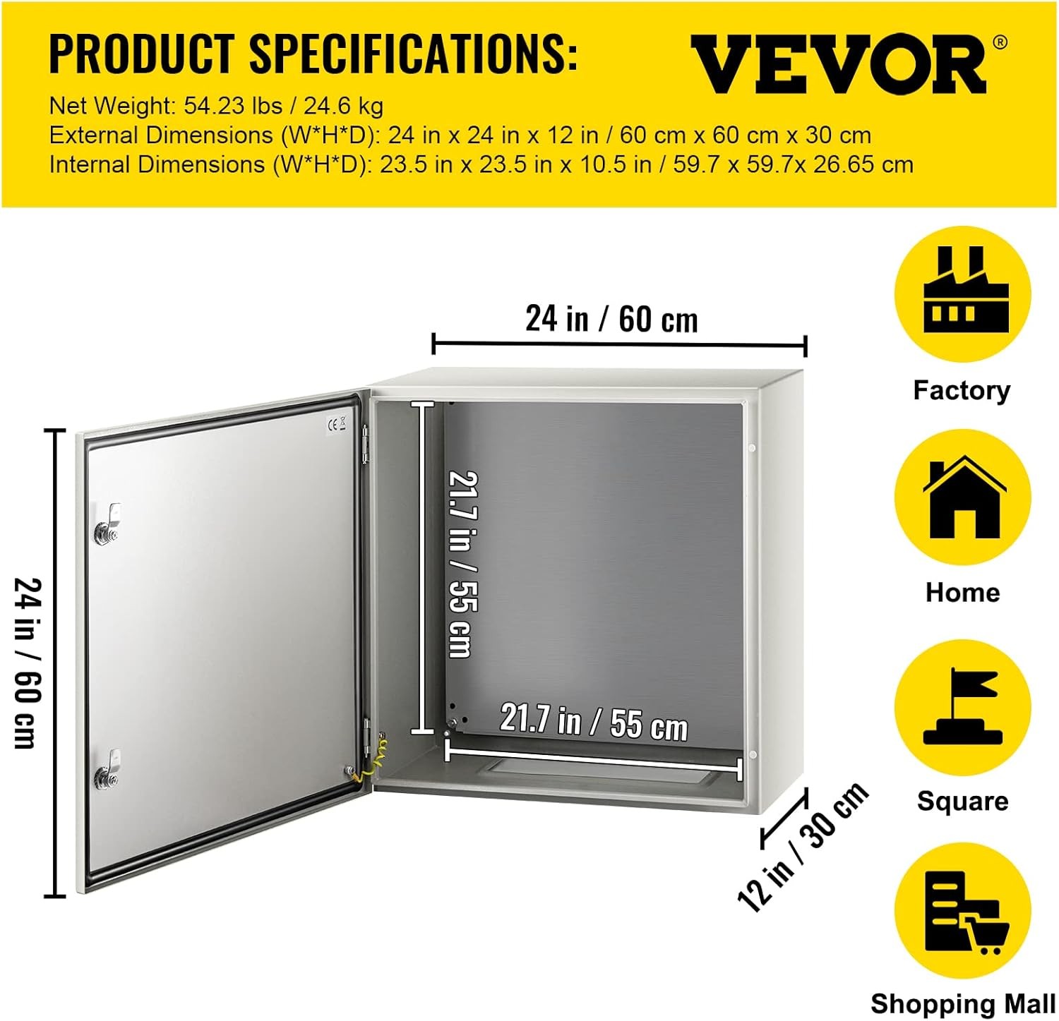 VEVOR NEMA Steel Enclosure, 24 x 24 x 12” 4X 24 x 24 x 12, Grey