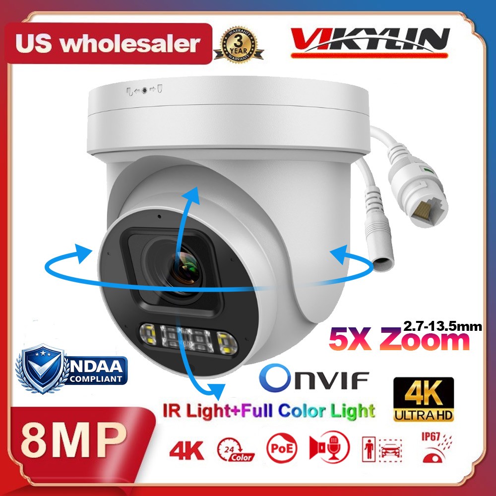 Vikylin 4K 16CH 16 POE CCTV System 8MP 5X Zoom PTZ IP Camera Full Color IR Lot