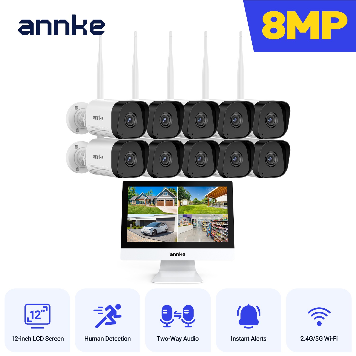 ANNKE 4K 10CH 12” Monitor Wireless 8MP WIFI Security Camera System Two Way Audio