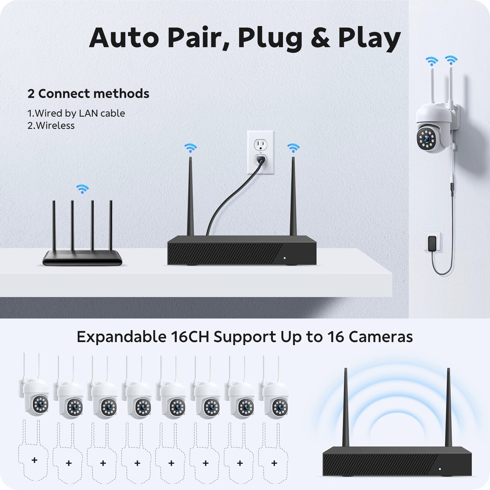 8 Pcs PTZ Cameras Wireless CCTV Security Camera System WiFi 16CH 4K NVR Audio