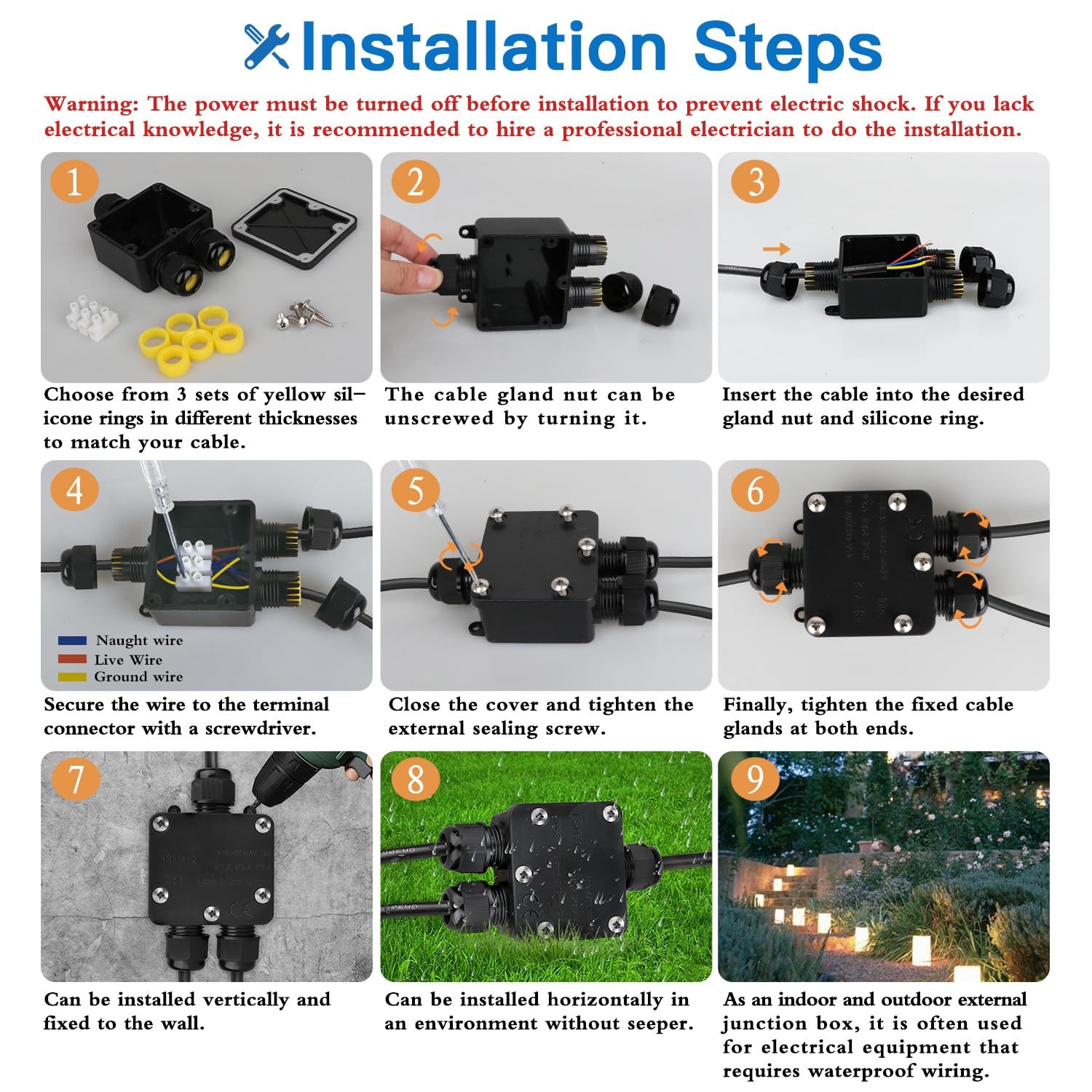 Helunsi Waterproof Junction Box 3 Way, IP68 External Small, Black-1 Pack