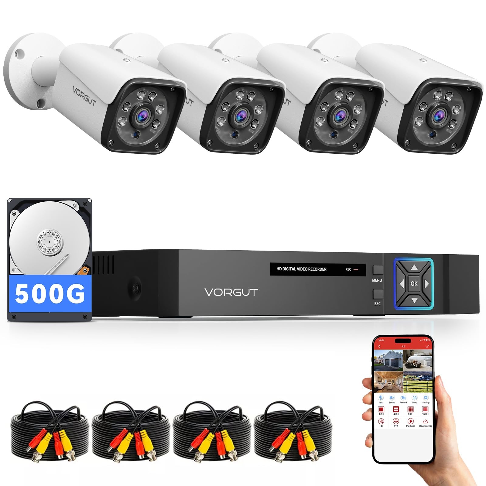 Wired Security Camera System Outdoor, 4CH 5MP Lite AHD DVR with 500G Hard Drive,