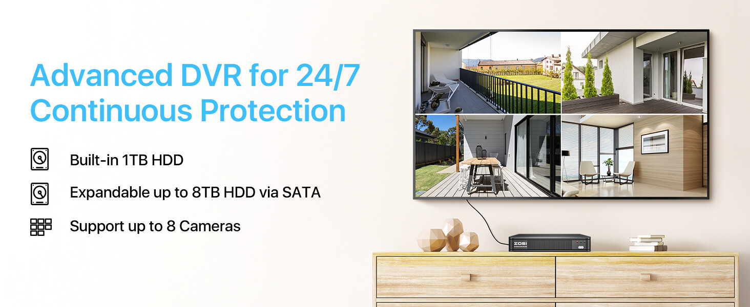 ZOSI H.265 5MP-Lite DVR Outdoor CCTV Security 1080p Camera System 120ft IR Night