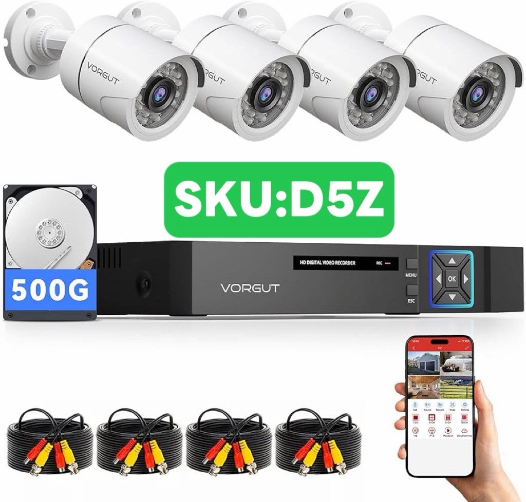 (D5Z)Wired 4CH DVR Security Camera System 4 1080P Waterproof Cam 500GB HDD