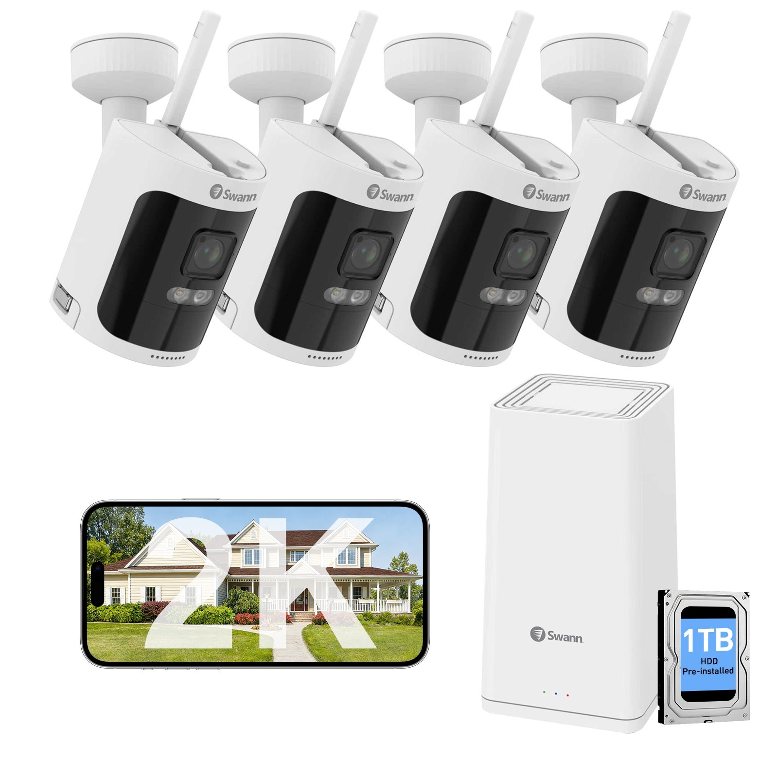 2K wifi Wireless Security camera system with 4pcs 2K Wire-Free Cameras+1TB HDD