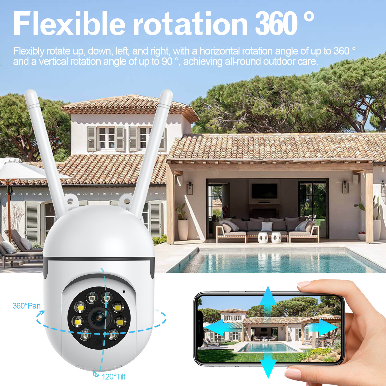 HD 1080P WiFi Security Camera Night Vision with PTZ Motion Detection 2-Way Audio