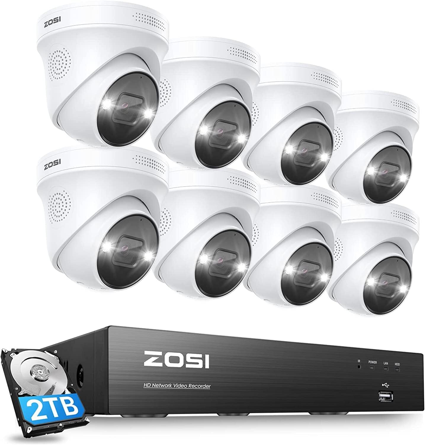 ZOSI 4K 8CH NVR 8MP IP POE Security Camera System AI Alerts Audio 2TB HDD IP66