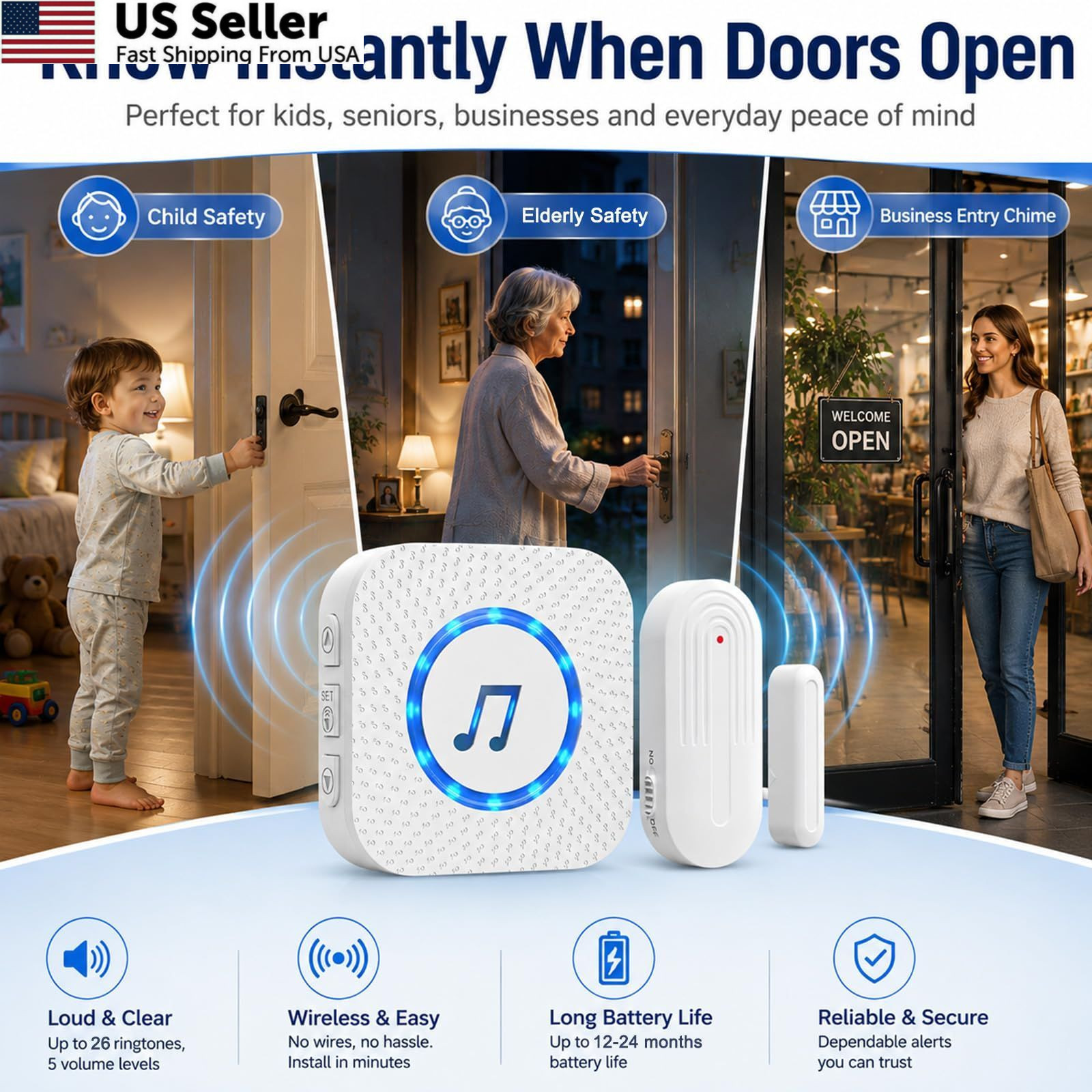 Door Chime,SanJie Wireless Sensor 2 Sensors + 1 Receiver White, White