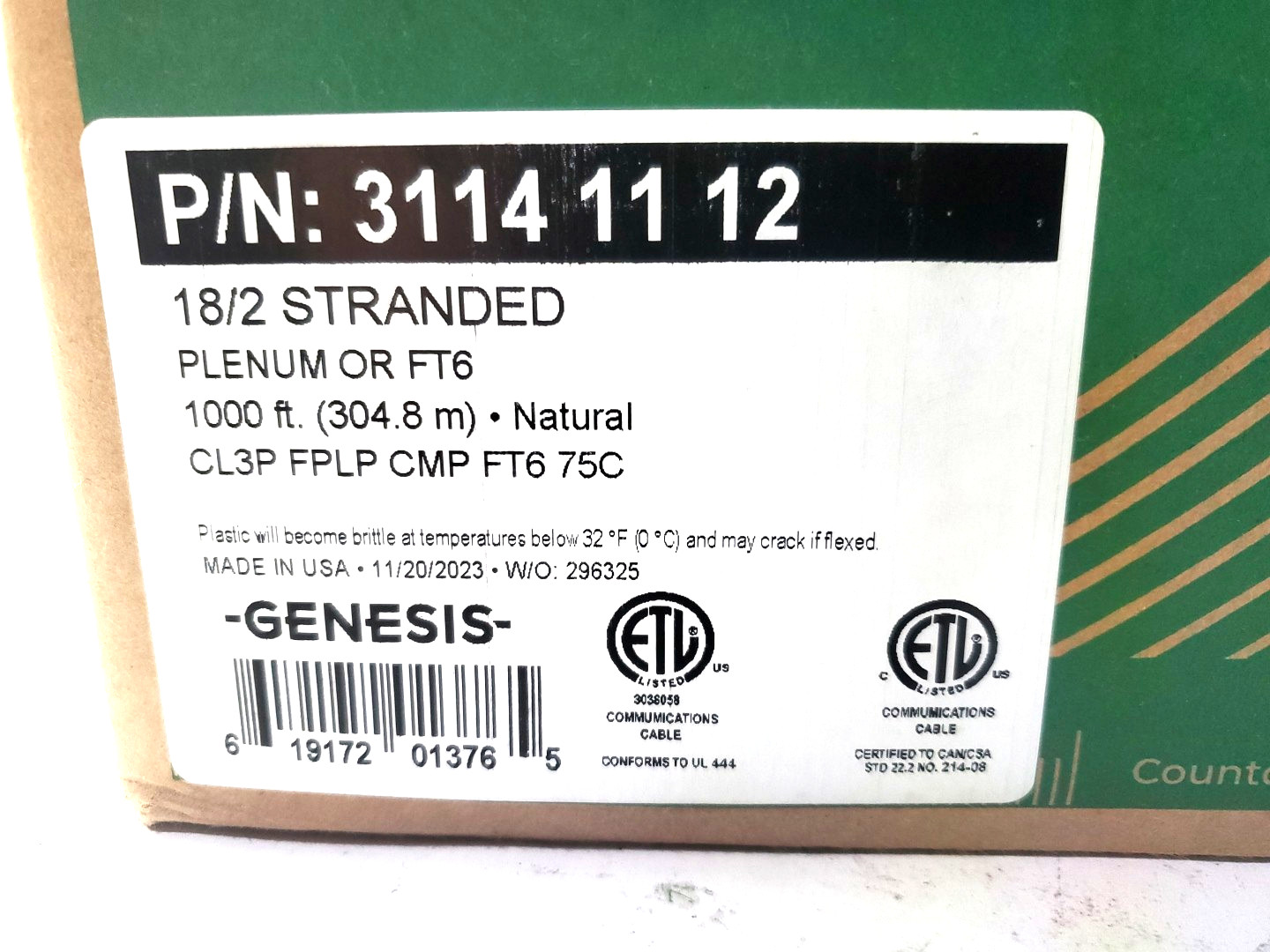 Genesis 1000 Ft. (304.8 m) 18/2 Stranded Plenum OR FT6 Cable, White 31141112