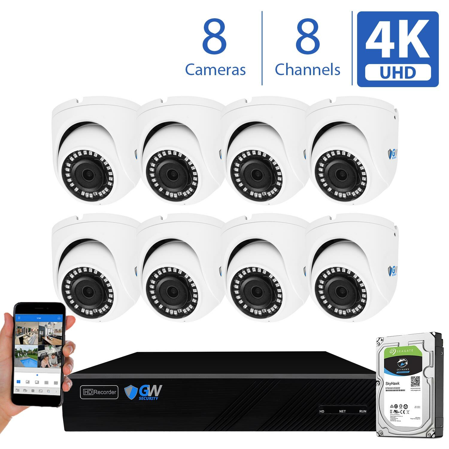 8 Channel 4K NVR (8) 8MP 2160p Home IP POE Dome Security Camera System 2TB HDD