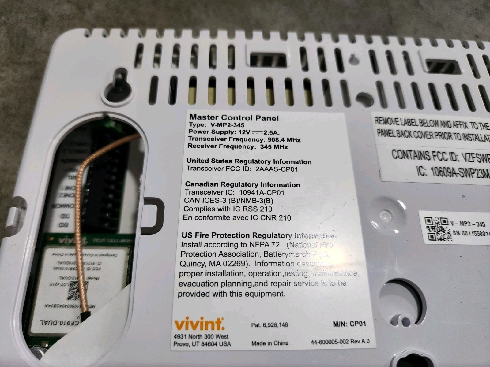 Vivint Sky Master Control Panel V-MP2-345 WiFi ZWave