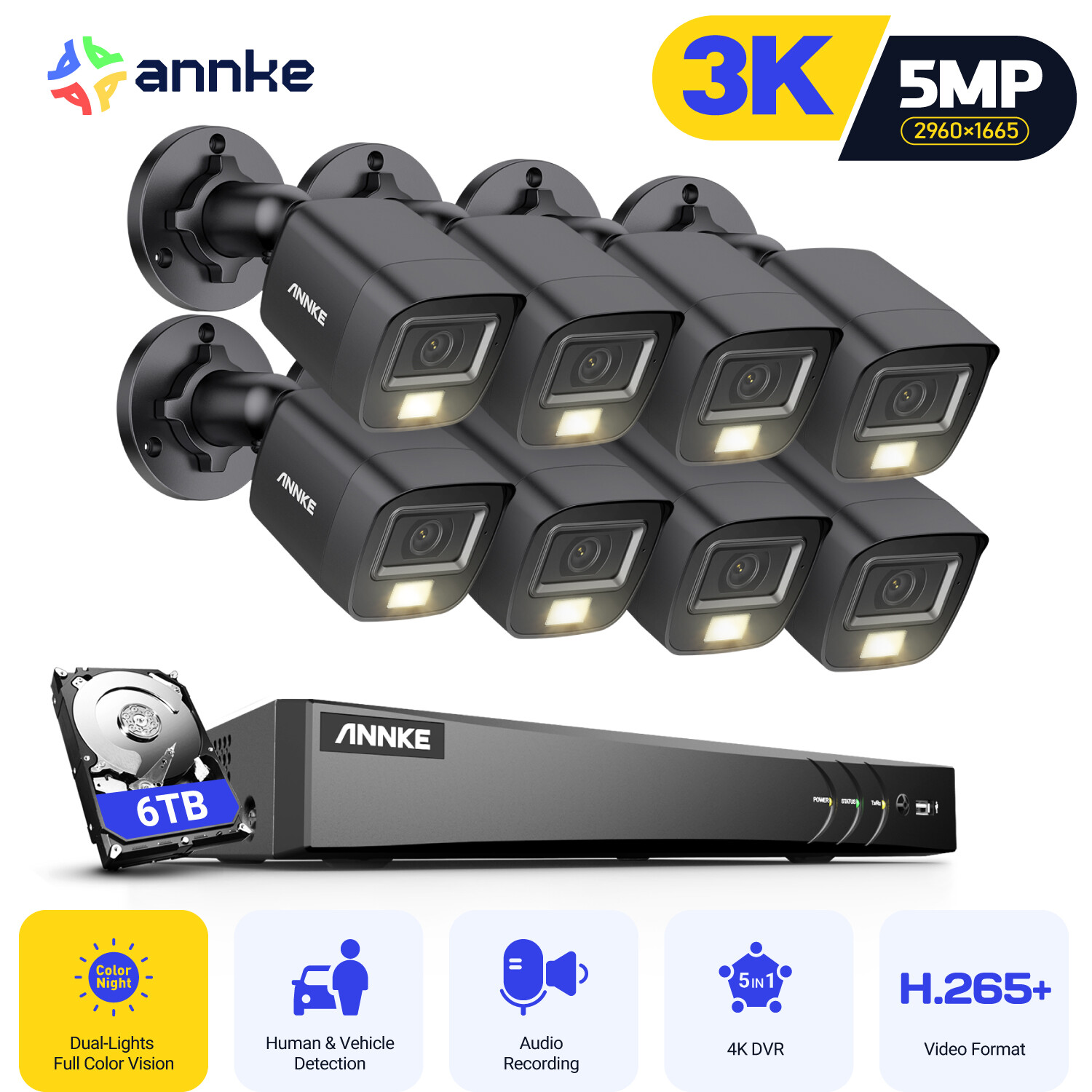 ANNKE 4K 8CH DVR 5MP Security Camera System Audio Recording Color Night Vision