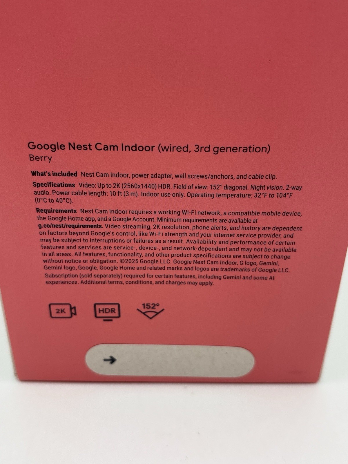 Google Nest Cam 2K Indoor Wired 3rd Gen Security Camera Berry GA09974-US NEW