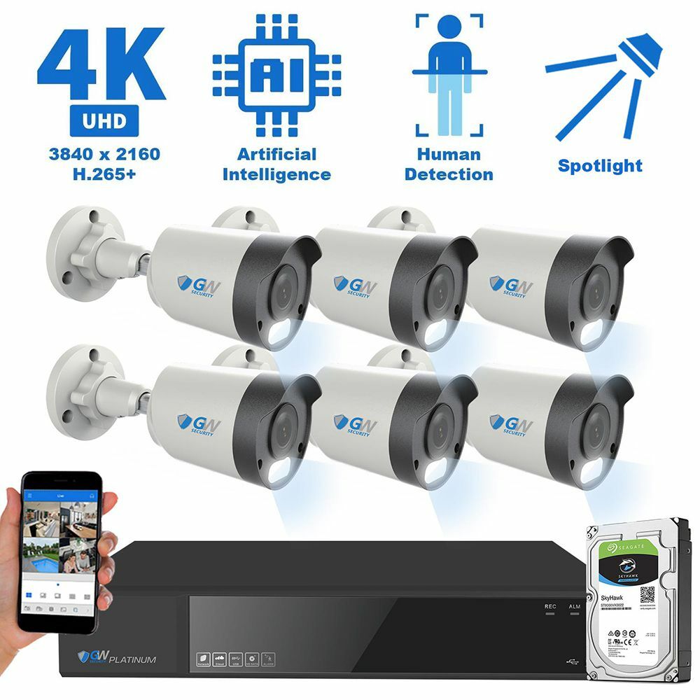 8 Channel 4K NVR 6 X 8MP PoE IP H.265+ AI Smart Starlight Security Camera System