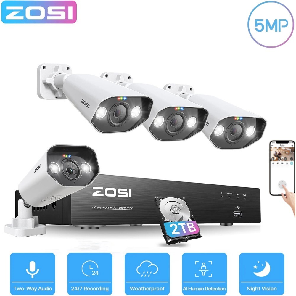 ZOSI 8CH 4K H.265+NVR 5MP Outdoor PoE Security IP Camera System 2TB CCTV Network