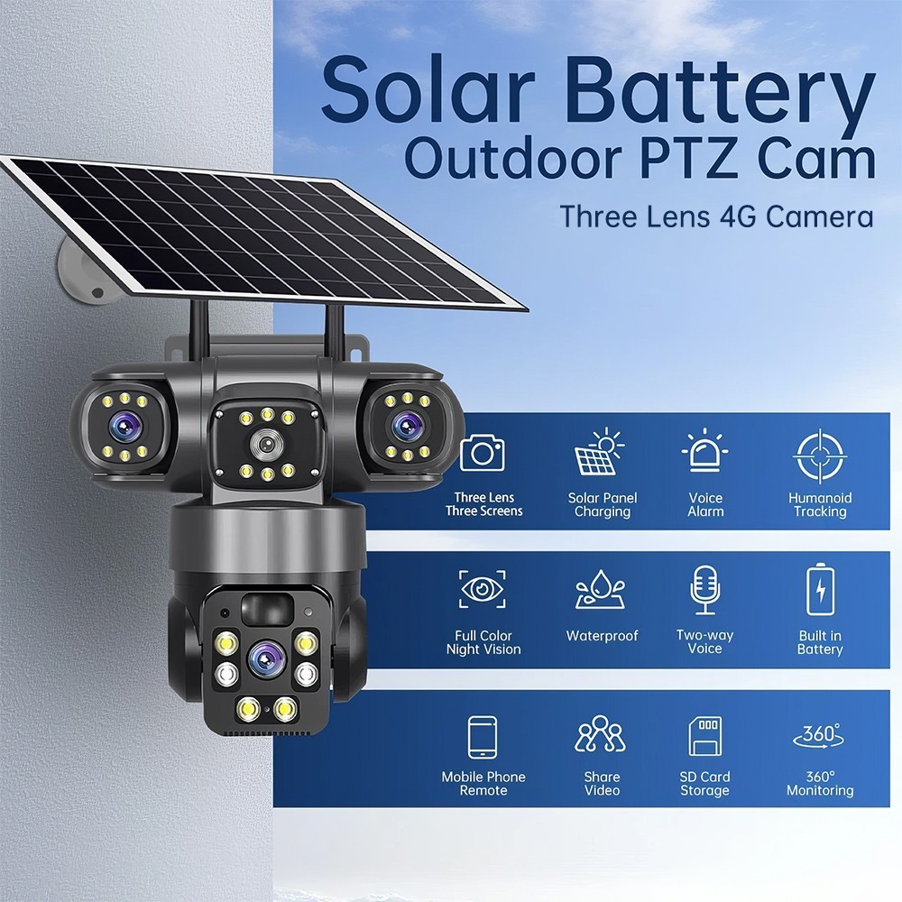 4PCS 16MP 4G SIM Solar Battery Security IP Camera Outdoor Home 4 Lens PTZ CCTV