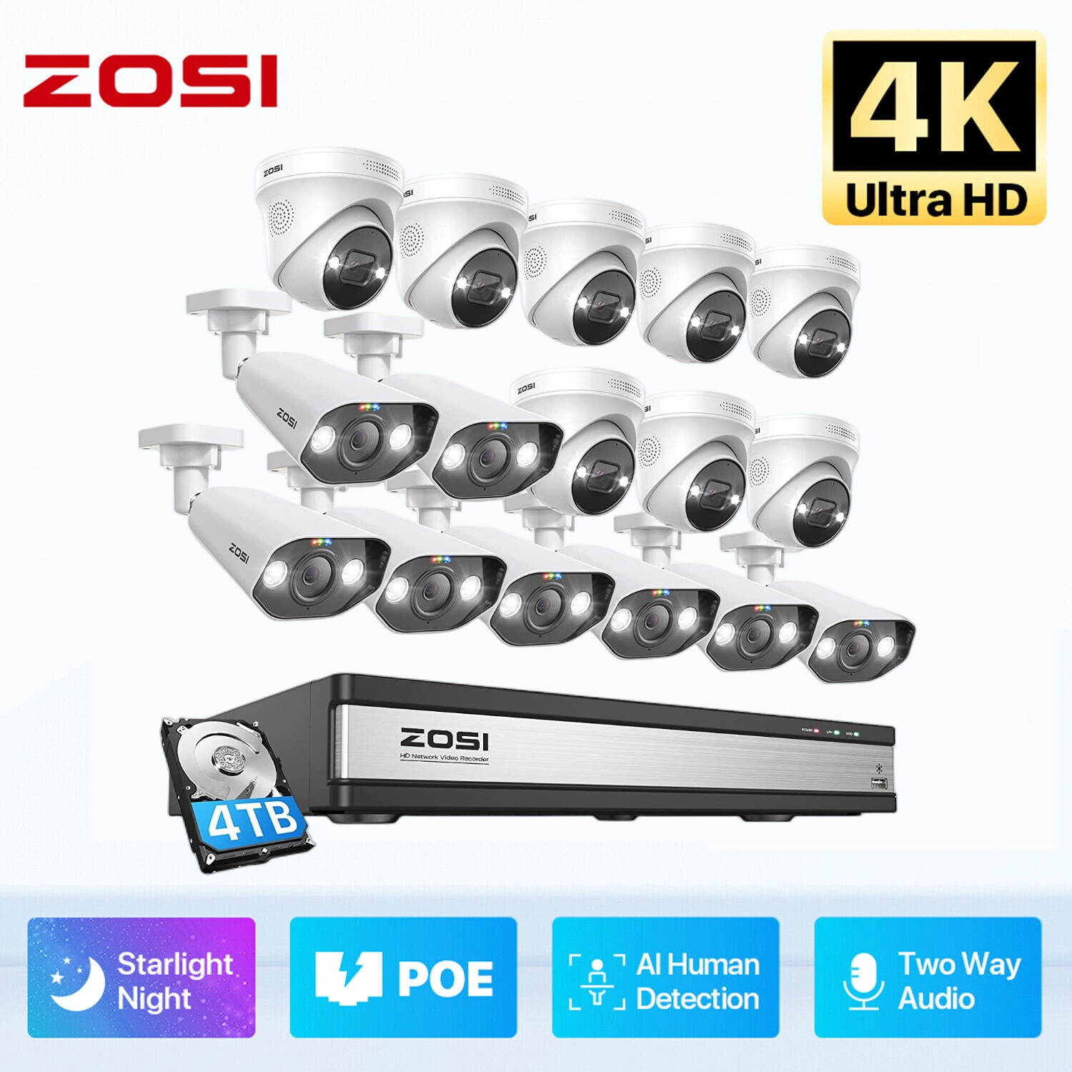 ZOSI 16CH/8CH NVR 4K 8MP POE Security Camera System Audio Recording IP Network