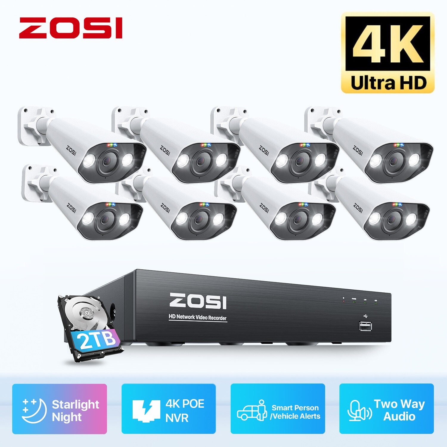 ZOSI 8CH/16CH 4K 8MP POE Home Security Camera System Audio Vehicle Detect 2/4T