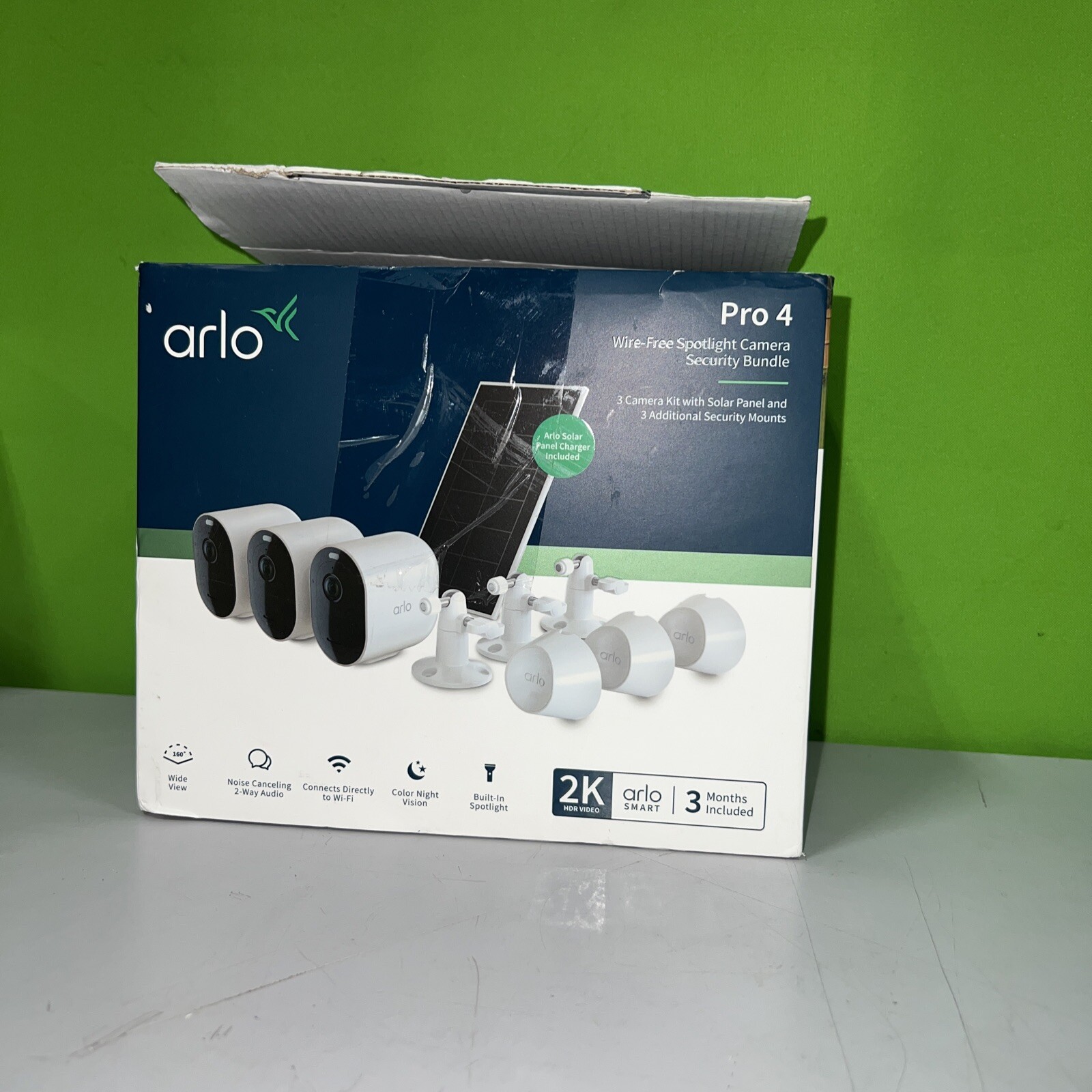 Arlo Pro 4 VMC4350P-1SCNAS 3 Cam Kit with Solar Panel – 2K Video with HDR USED