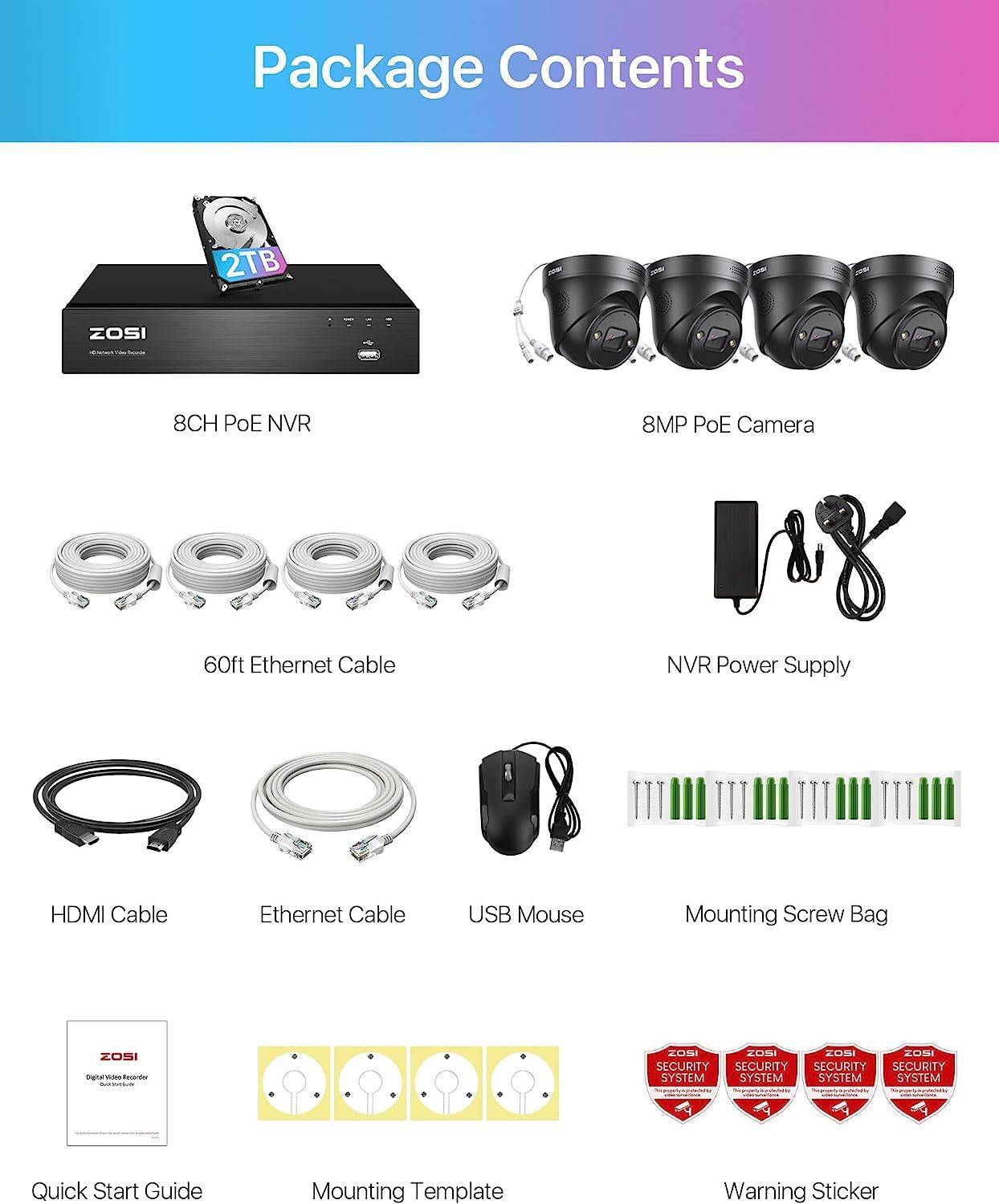 ZOSI 8CH 4K NVR PoE Security IP Camera System Spotlight AI Car Detect Audio 2TB