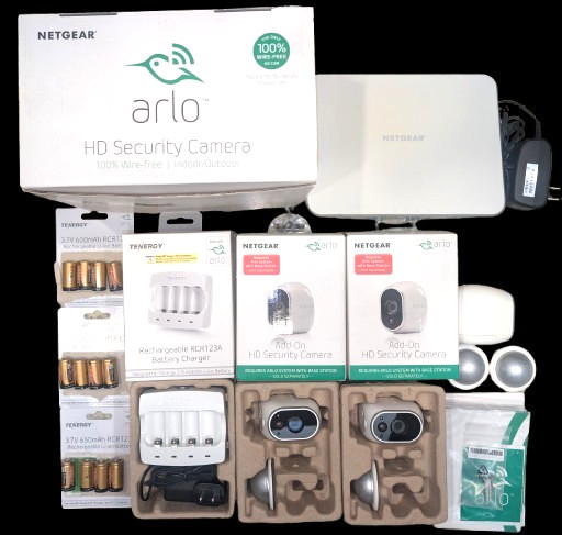 NETGEAR Arlo VMB3000 3 Cameras, Base Station, 12 Tenergy Batteries, Charger OEM