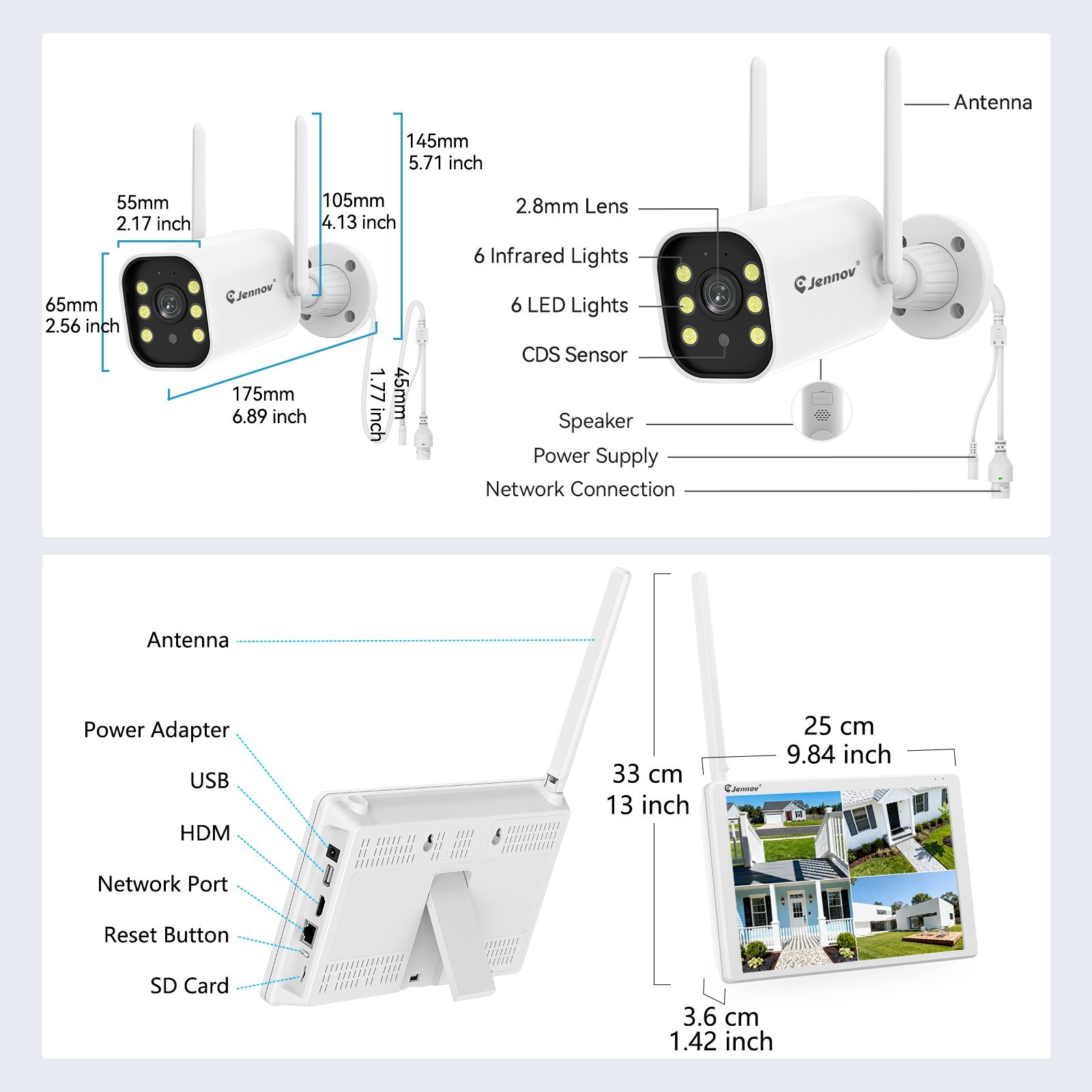 JENNOV 5MP WiFi Security Camera System Outdoor 10″ NVR with Monitor 2‑Way Audio