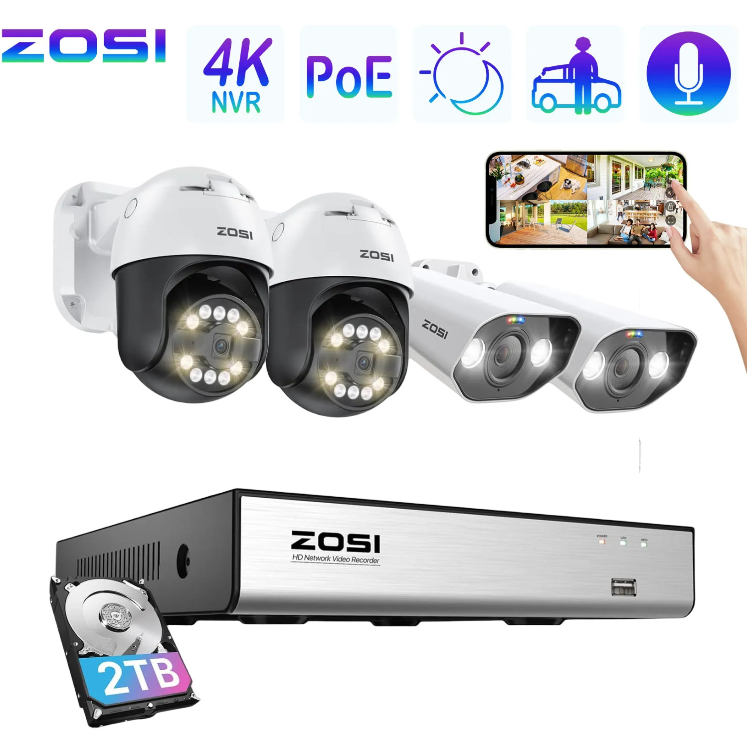 ZOSI H.265+ 4K NVR 5MP PoE Security Starlight Camera System PT AI Face Detect