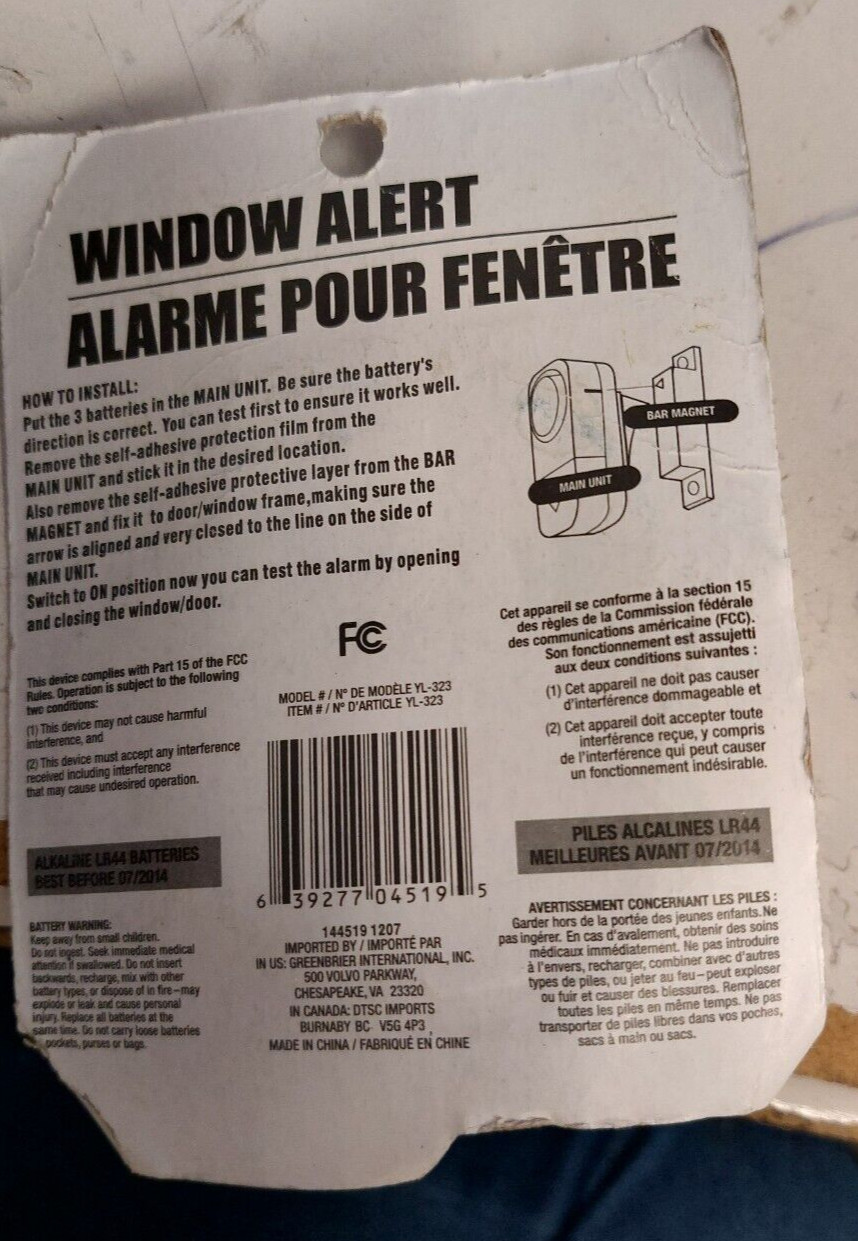LOT OF 3 Wireless Window and Door Intruder Alert Alarm (90 db)