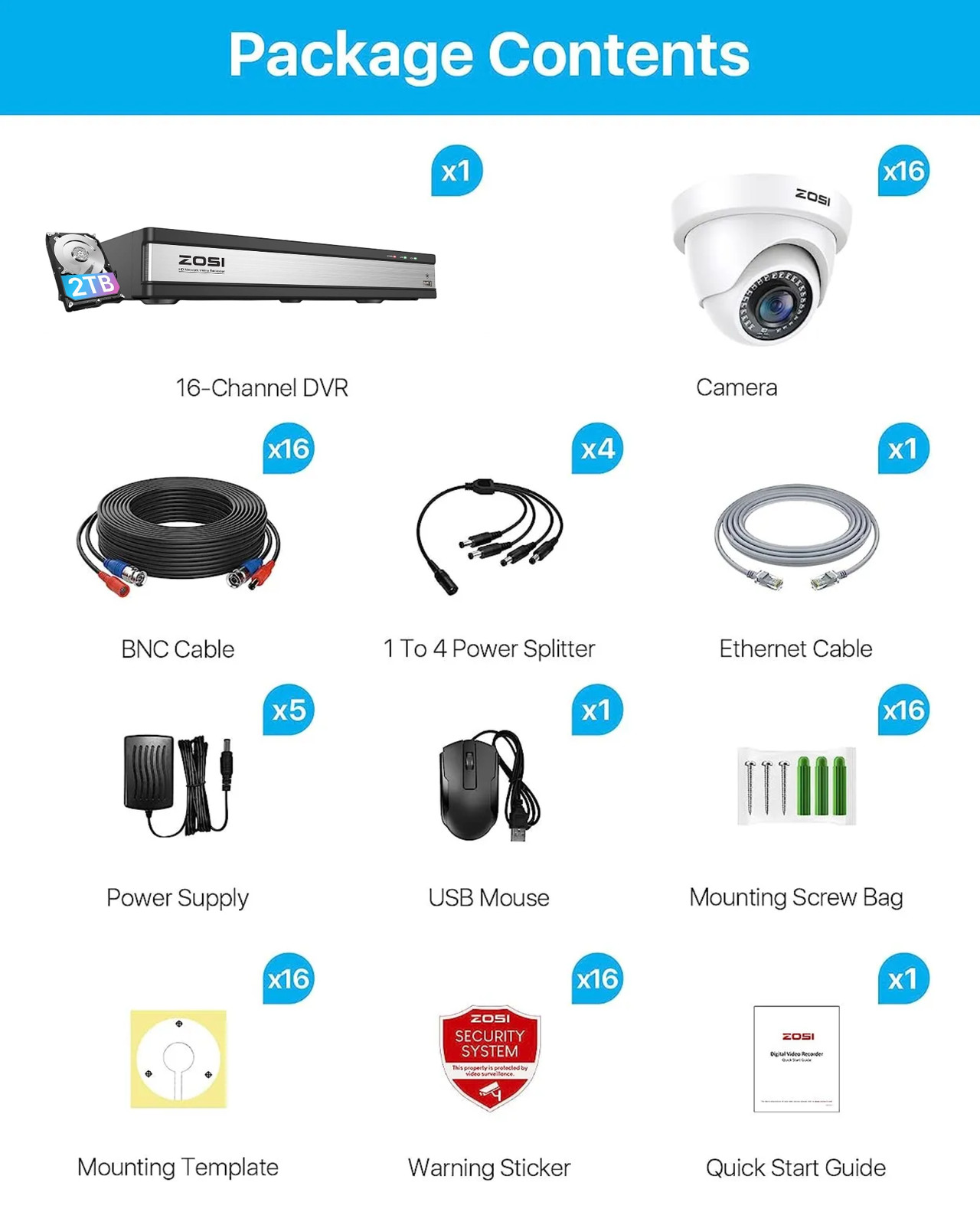 ZOSI 16CH 1080P DVR Security Home Camera System CCTV Outdoor with 4TB Hard Drive