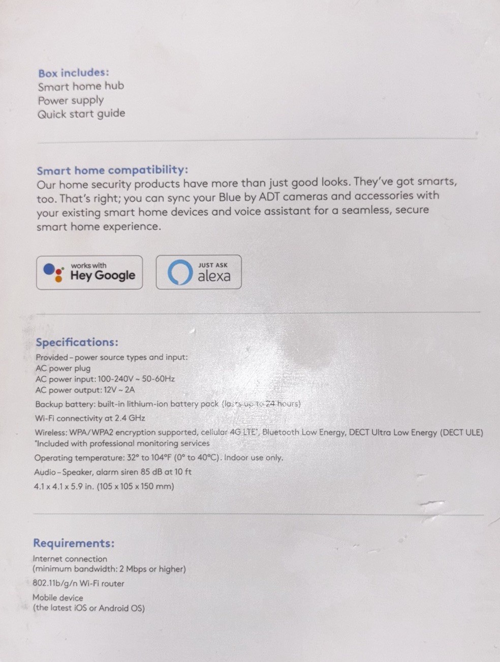 New In Box- Blue By ADT Self Setup Smart Home Hub White With Activation Code