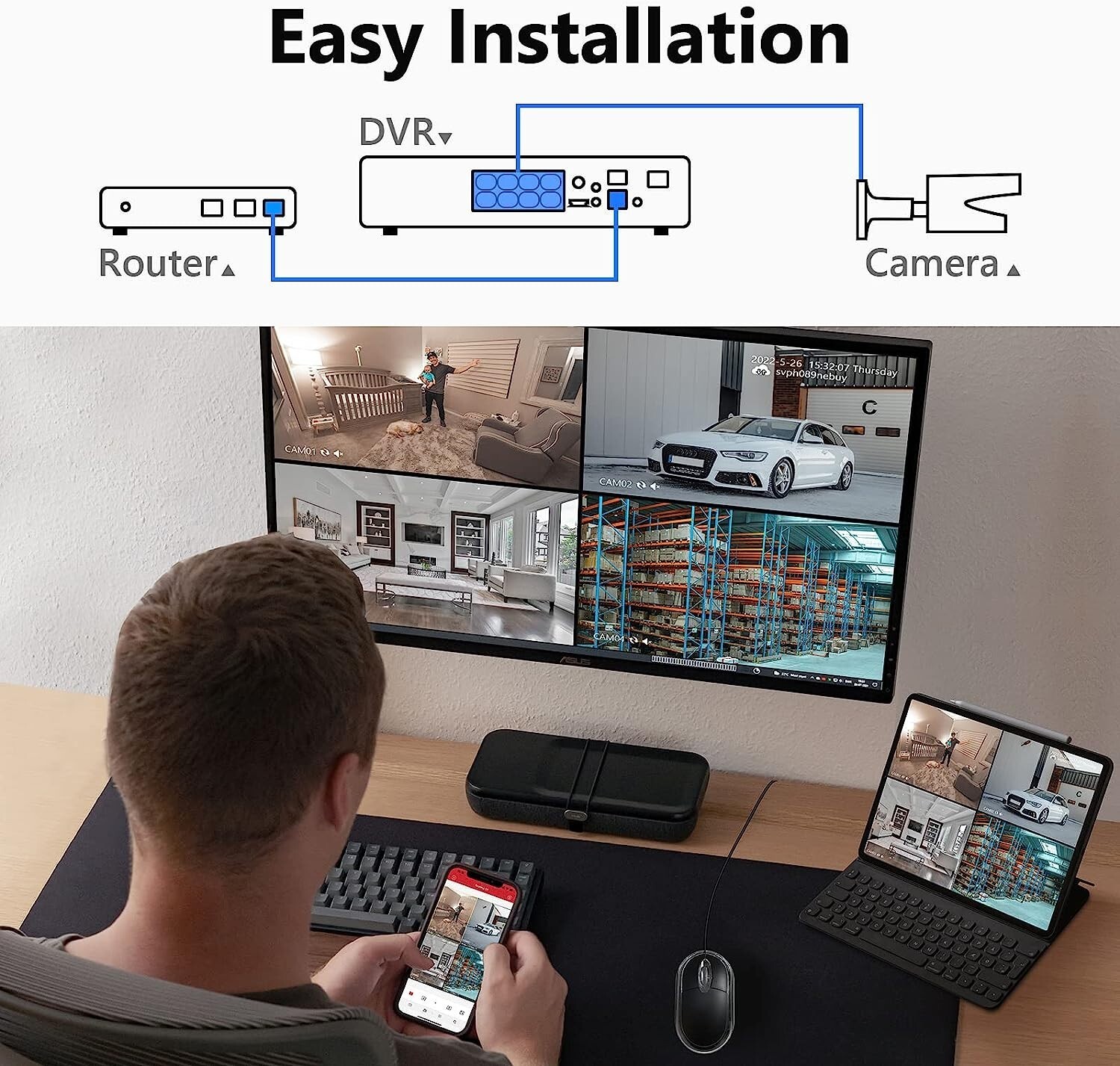 DICAFFE-8CH-1080P Home Wired 1TB HDD DVR IP66 Waterproof Security Camera System