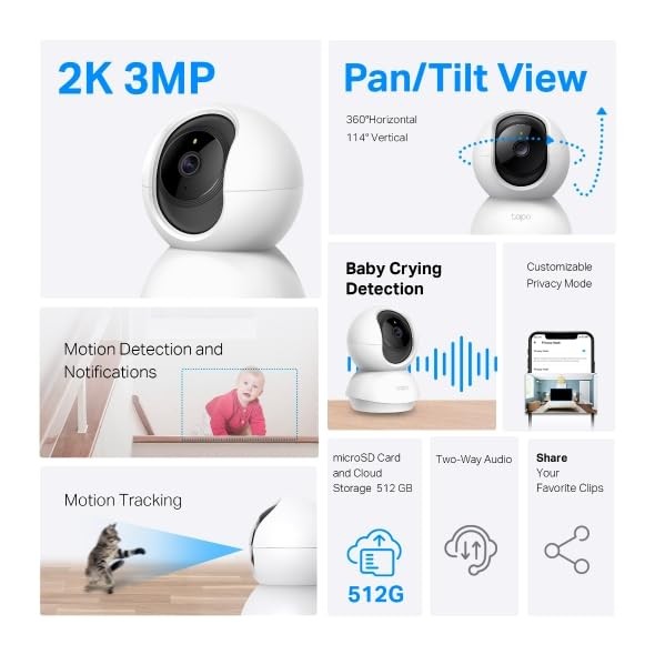 Tapo 2K Pan/Tilt Security Camera for Baby Monitor, Dog 2-Pack, White