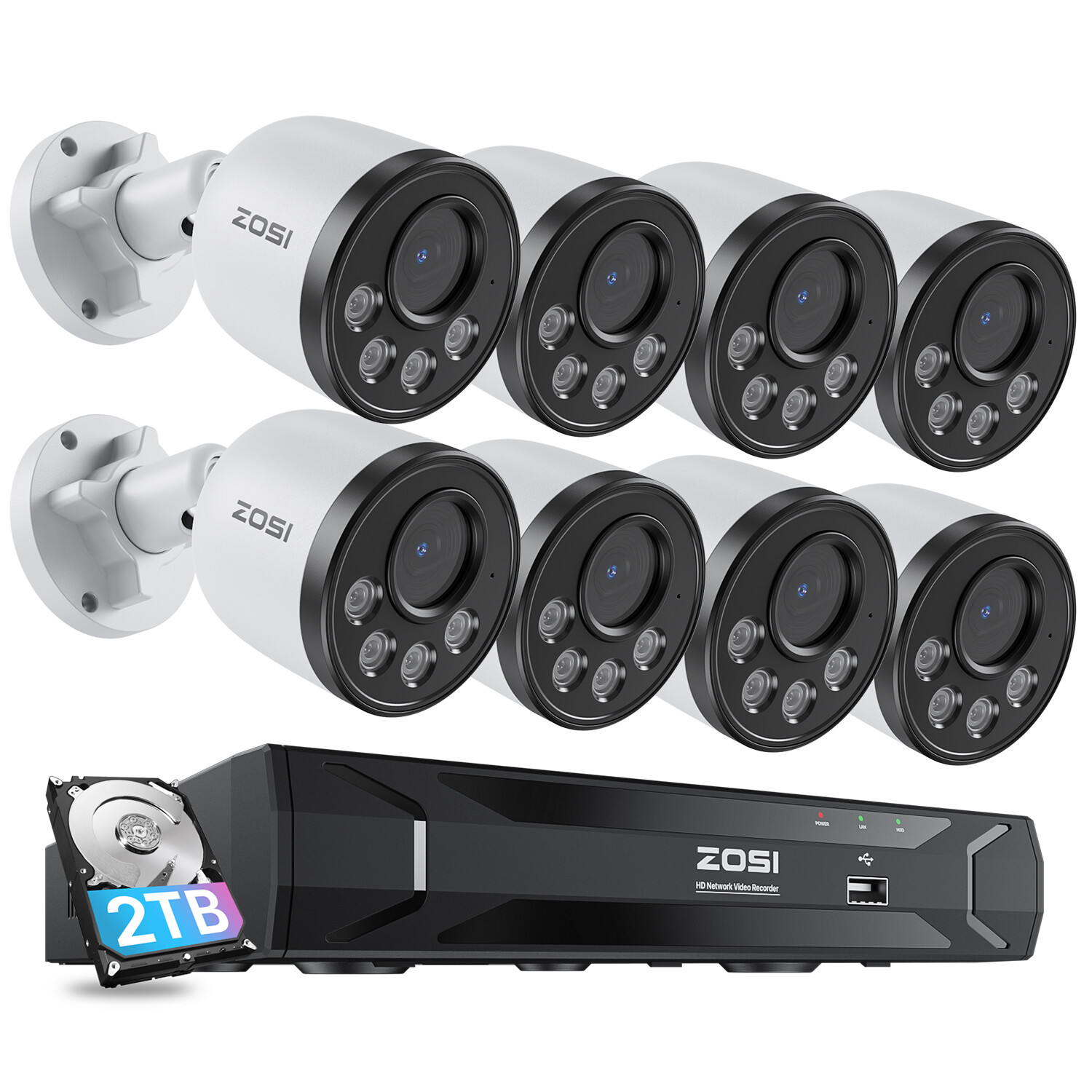 ZOSI 5MP 8CH NVR 4MP PoE Security Bullet IP Outdoor Camera System Audio 2TB HDD