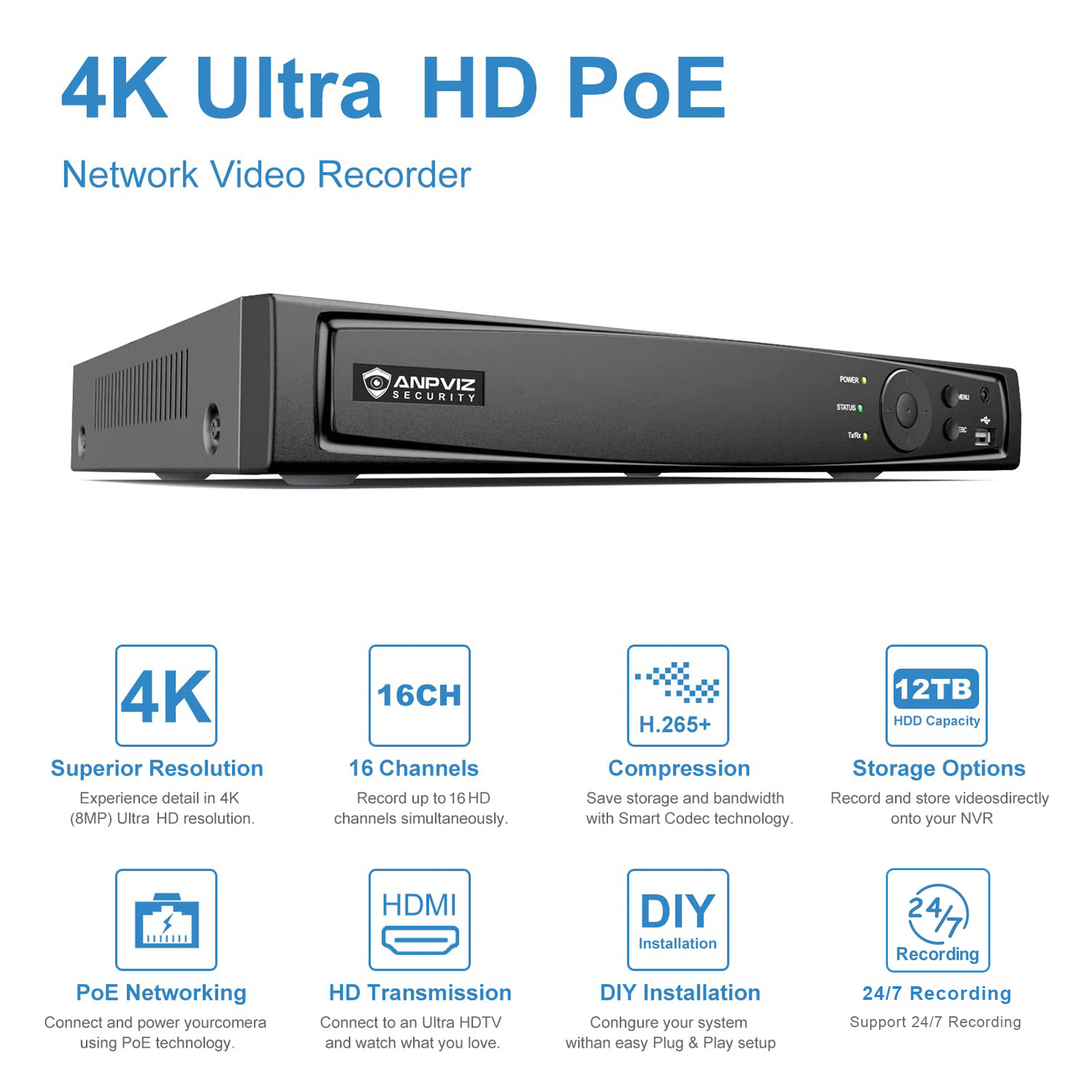 ANPVIZ 12MP 16CH NVR POE AI Security Video Recorder System with 16 Ports ,VCA