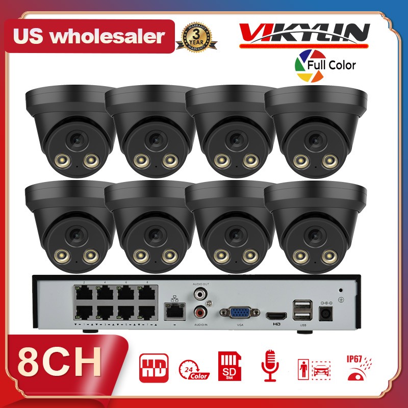 Vikylin 8ch 8 POE CCTV System 5MP Full Color Security IP Camera MIC Turret Lot