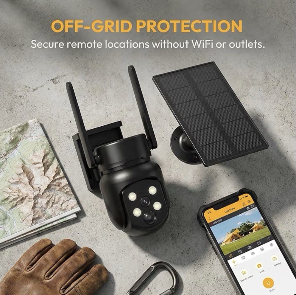 Camera Wireless Outdoor: 2K 360° No WiFi Needed, Solar + 9000 mAh Battery