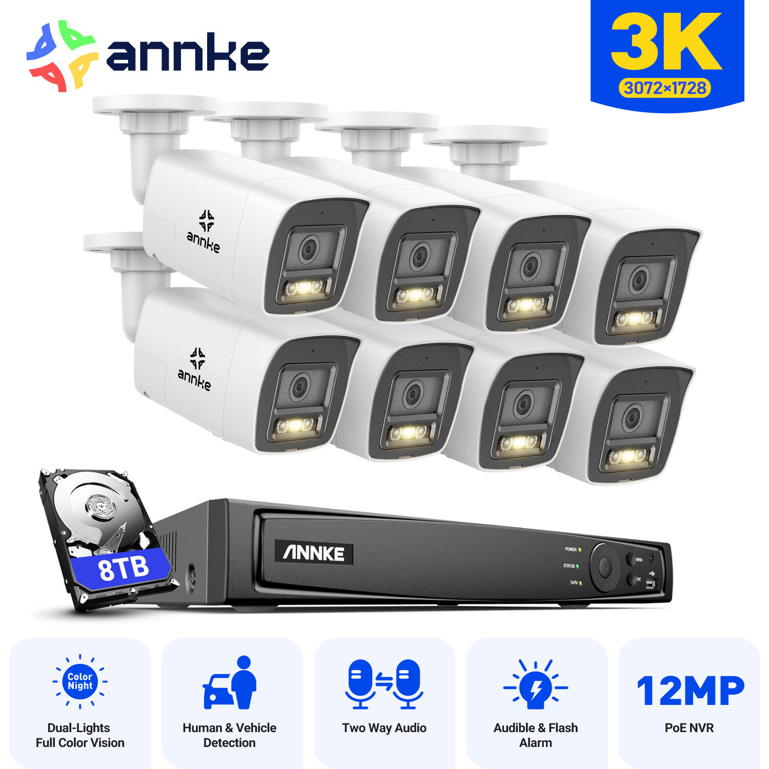 ANNKE 3K 5MP POE Color Night Security Camera System Two-Way Audio 12MP 8CH NVR