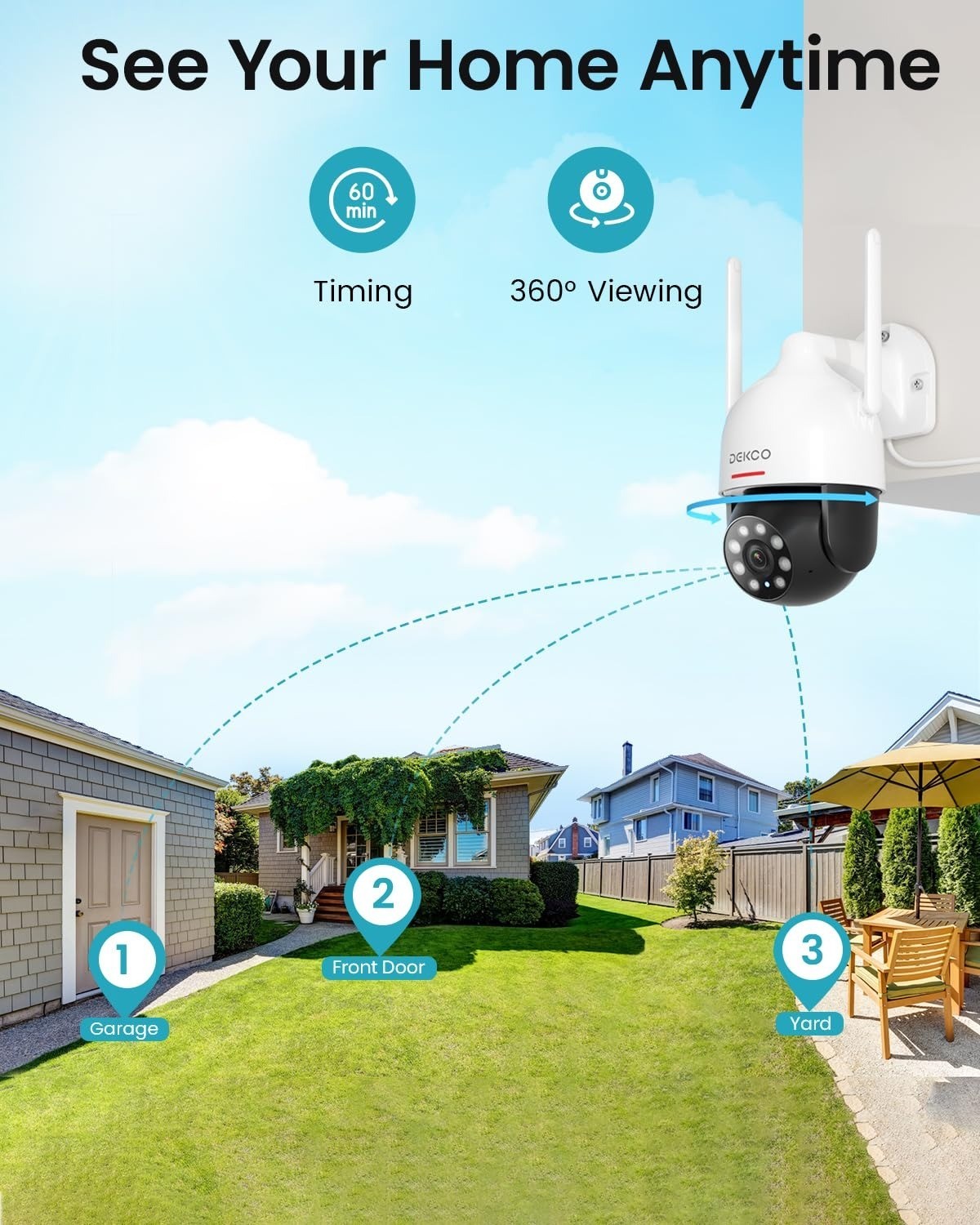 DEKCO 2K WiFi Outdoor Security Camera, 360° Pan-Tilt, Night Vision
